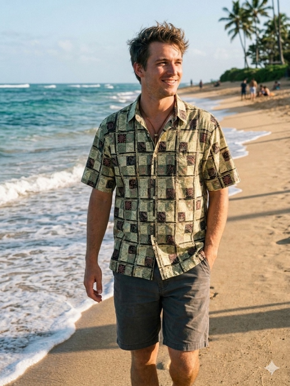 Reyn Spooner Men's XL Tropical Tiki Geometric Bamboo Button Up Shirt Cream/Green